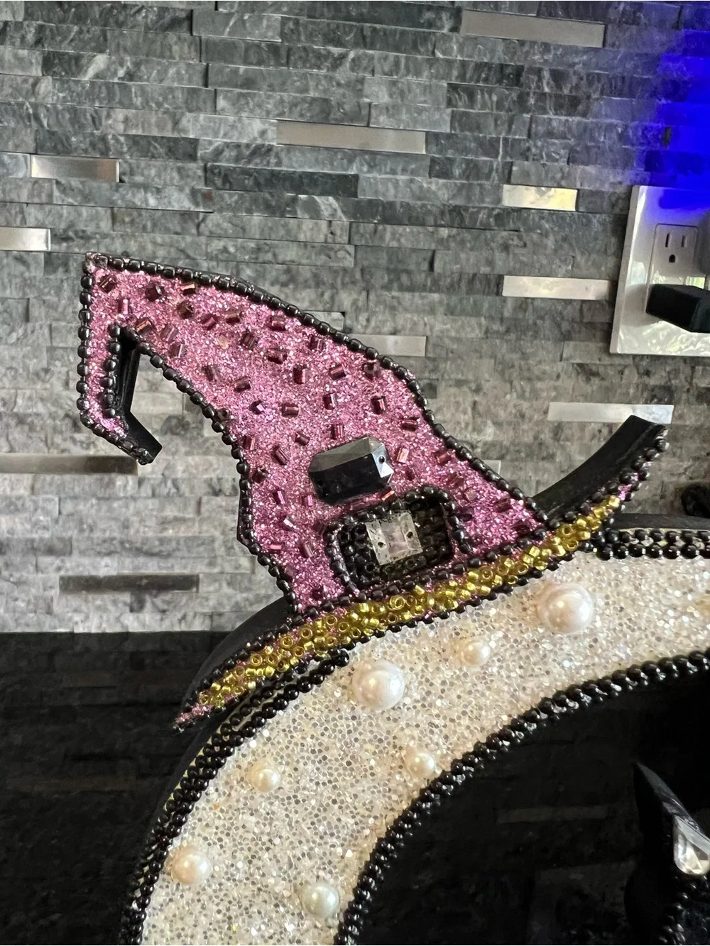 GLITTERY BLING Wooden Halloween Sign, BLACK CAT, MOON, WITCH HAT-11 In Tall!!